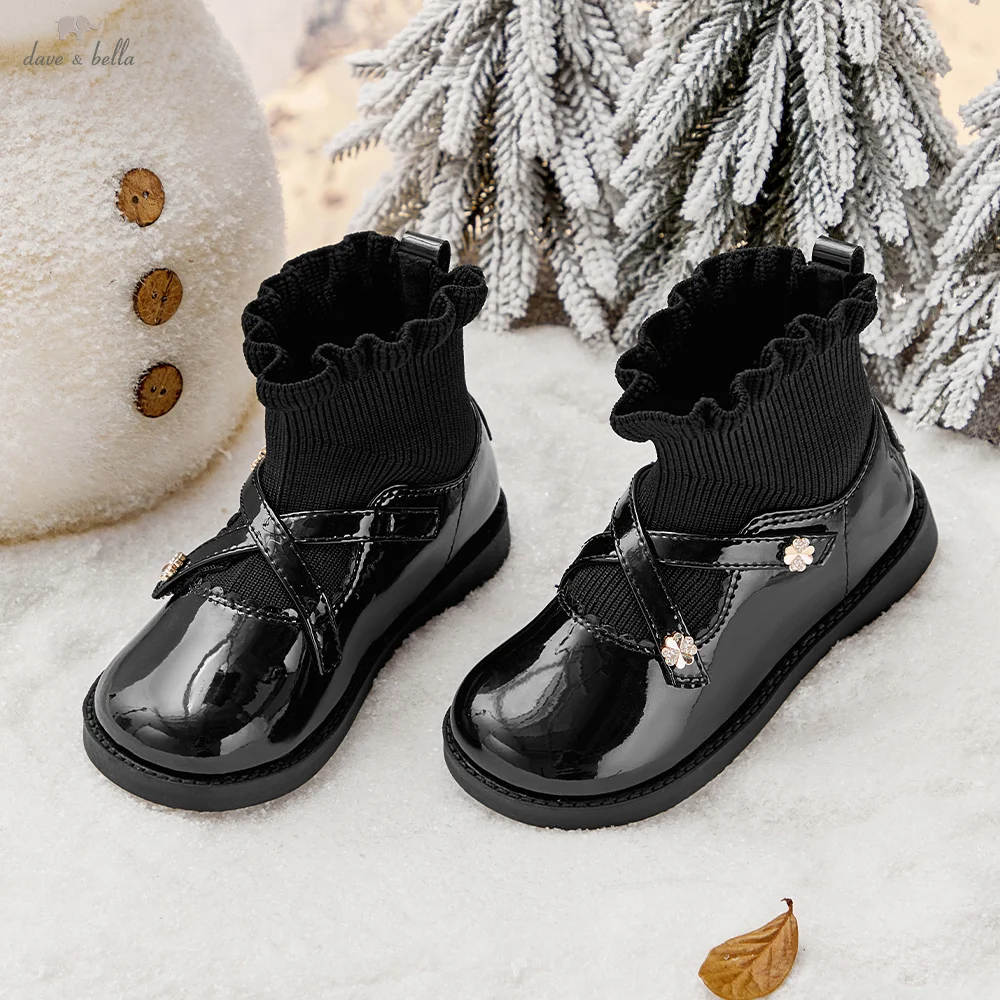 Dave Bella Children's Boots Winter Shoes For A Girl Princess Kids Fashion Leather Boots Black Soft Anti Slip Gathering DB4263518