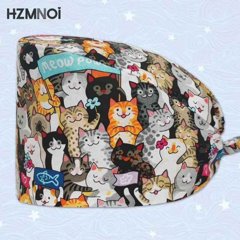 Cute Cat Pattern Printing Unisex Surgical Cap Surgeon  Veterinary Pet Beauty Salon Hospital Clinic Clinical Nurse