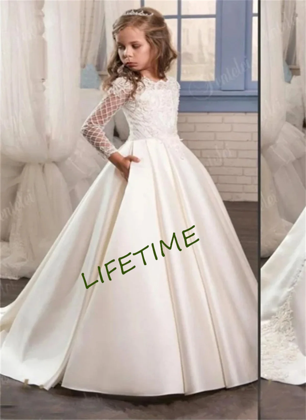 Vestido de manga comprida branco para meninas, Vestidos de cetim para casamento, Ocasião especial, Primeira Comunhão