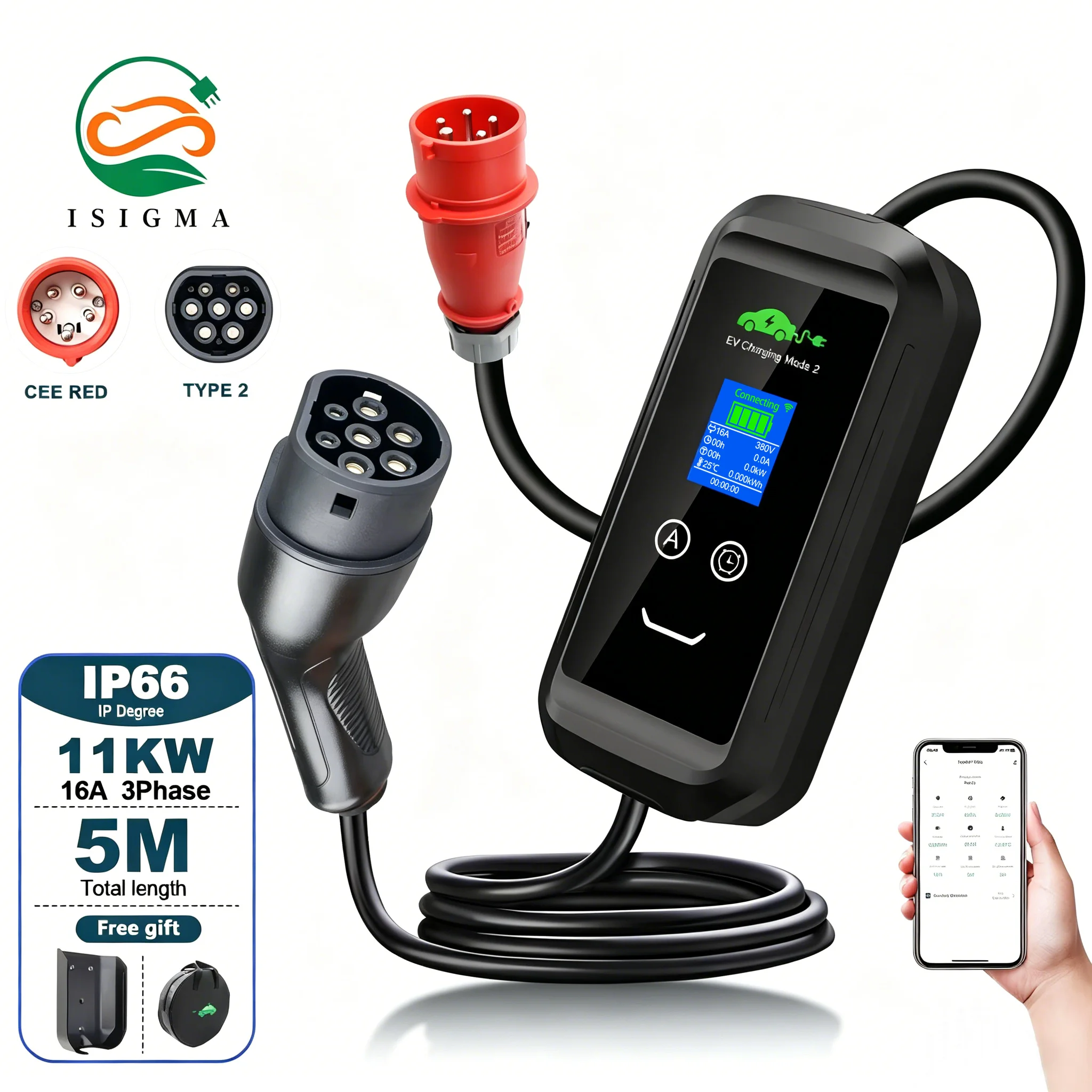ISIGMA Mobiles 11KW 16A Typ 2 EV-Ladegerät für Zuhause mit WLAN und Bluetooth, Tuya App-Steuerung, 1-15 Stunden Zeitverzögerungsfunktion, 5M Gesamtlänge inklusive Stromkabel,