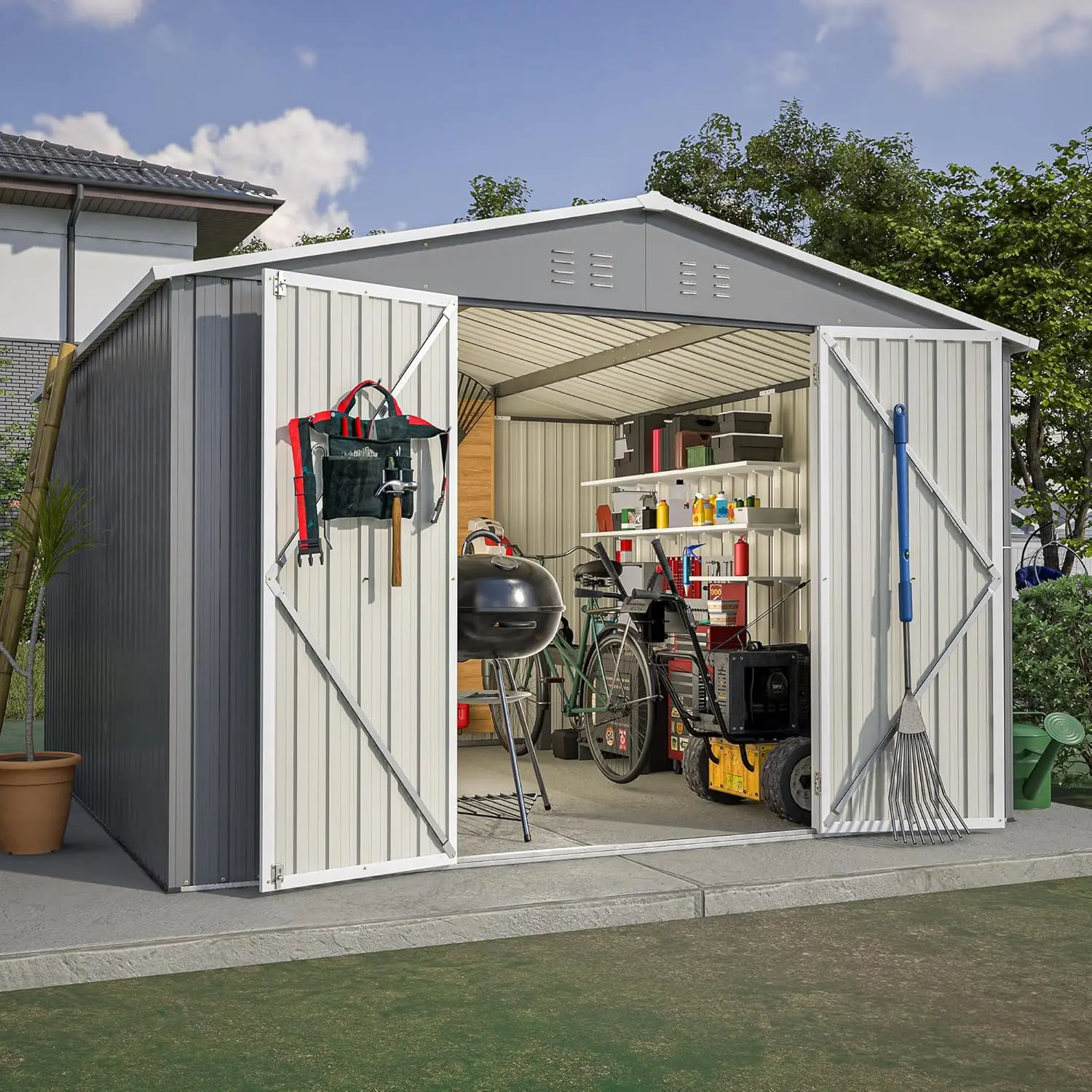 

10 x 10 FT Outdoor Storage Shed, Large Metal Garden Shed with Updated Frame Structure & Air Vents, Sheds & Outdoor Storage Tool