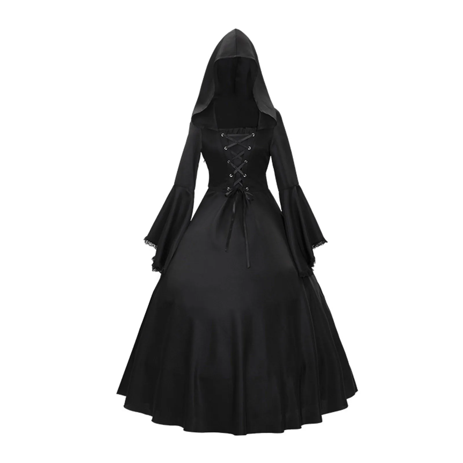 Halloween Hexe Cosplay Kostüm Damen Retro Gothic Langarm Kapuzenkleid Mittelalter Renaissance Maxi Zugkleid