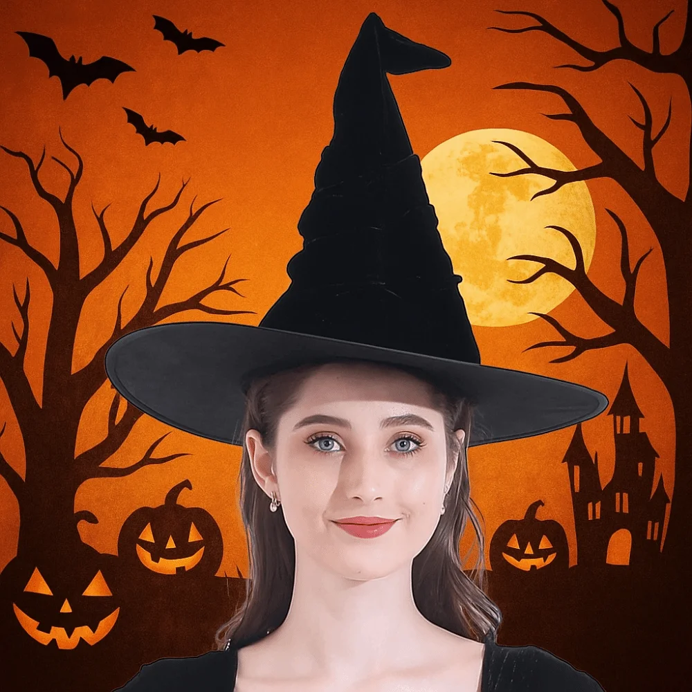 الدعامة زخرفة المخملية هالوين قبعة الساحرة طوي ستار معالج قبعة تأثيري اكسسوارات الدعائم الطرف قبعة الهالوين الأطفال #4