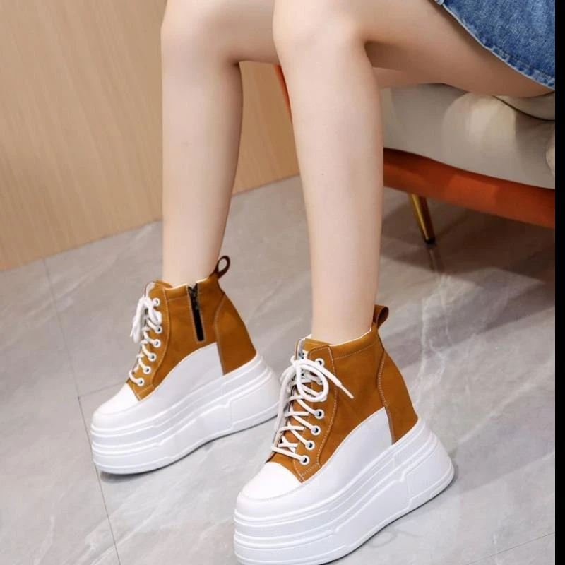 2026 New 12cm Genuine Leather Platform Heel Wedge Shoes Sneakers Ankle Mid Calf Boots Platform Boots Women Well-fitting Shoes