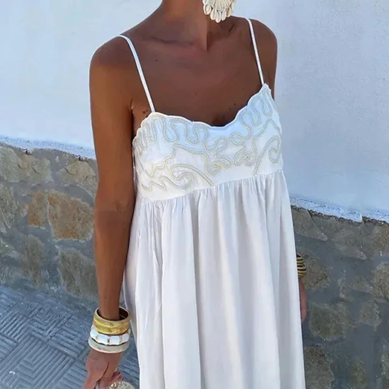 

Embroidered Printed Summer Suspenders Dress Sexy Hollow Off Shoulder Pleated Beach Dress Casual Backless High Waist Long Dresses