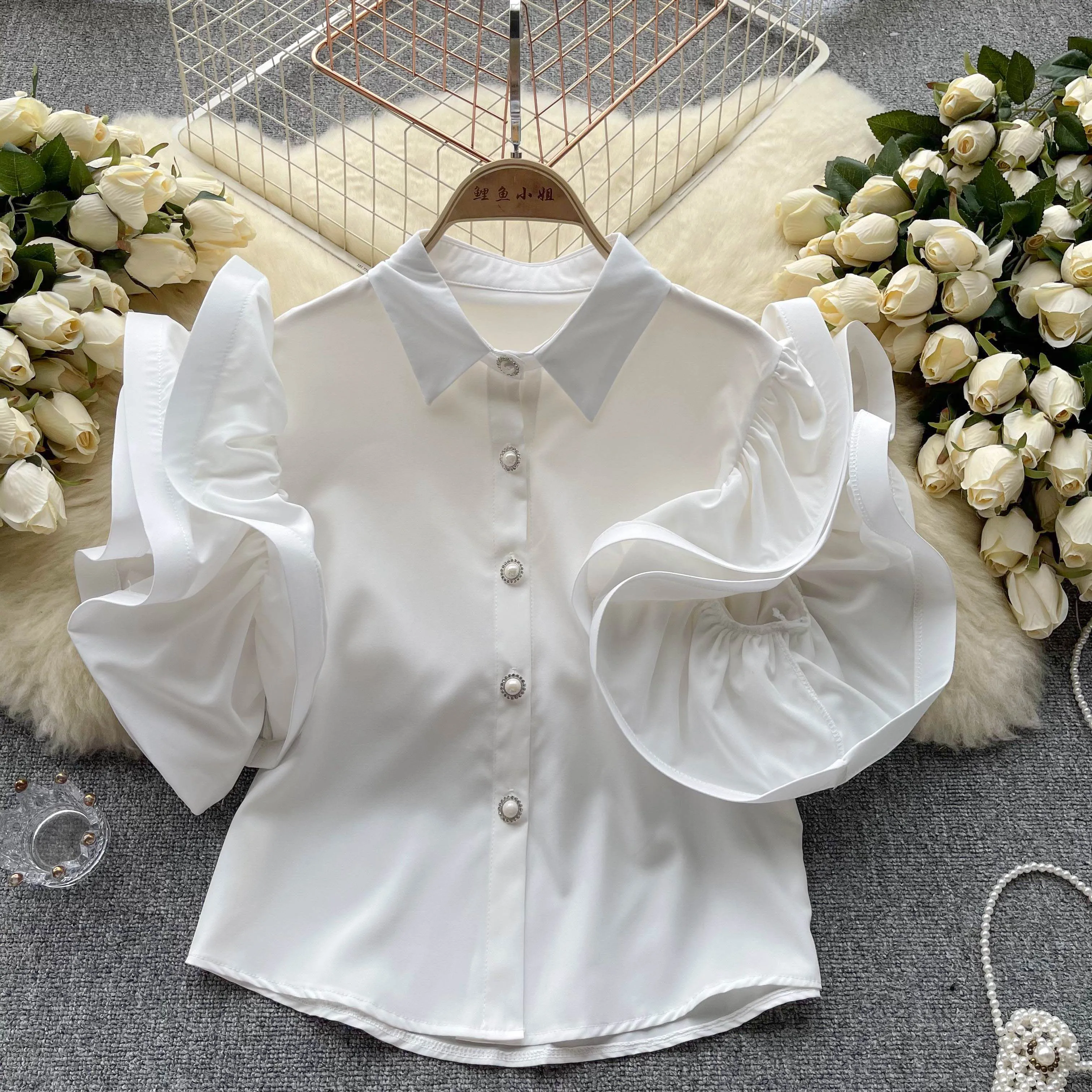 Elegant Sleeveless Butterfly Sleeve Blouse Chic Vintage Fashion Crop Top Women Spring/Summer Shirts Clothing