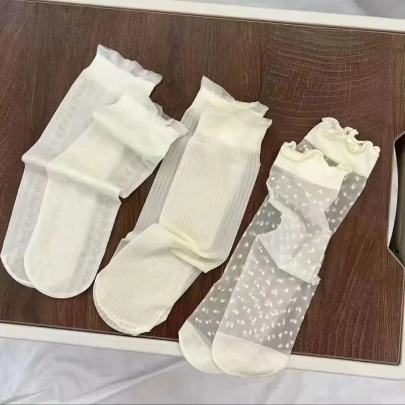 3 paires d'été dentelle nœud maille mince Tube bas chaussettes pour femmes Lolita mignon esthétique noir blanc JK bas courts nouvelle mode chaussettes