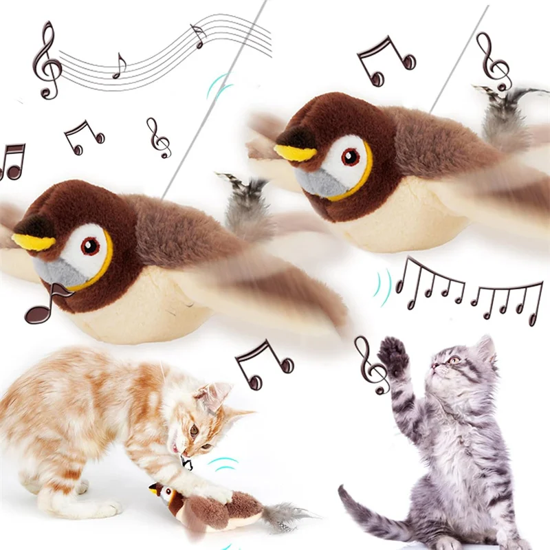 Interactive Cat Toy Flapping Bird with Catnip Rechargeable Simulation Bird Cat Toys Touch Activated Fluffy Plush Toys for Cats