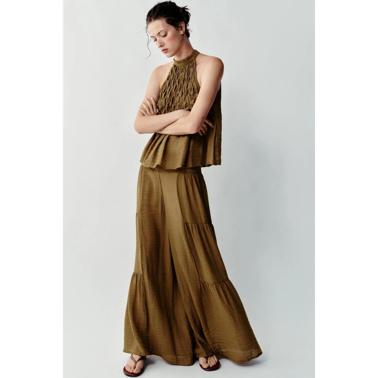 Spring Summer New Women's Fashion Set ZR Style Hanging Neck Top Wide Leg Pants Breathable Short Sleeve Zipper Closure Polyest...
