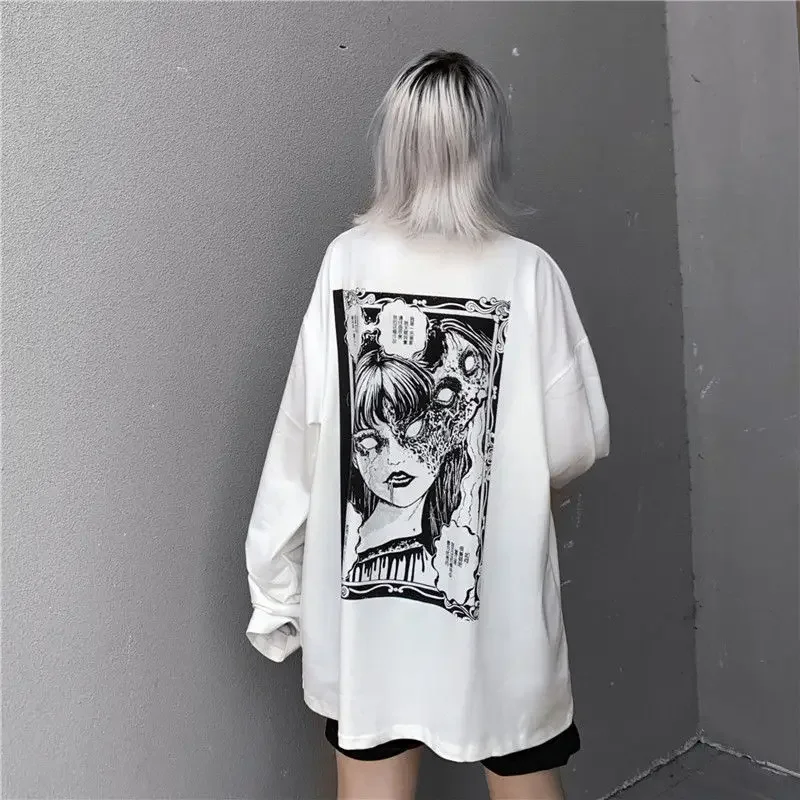 Long Sleeve White T Shirt for Women Tshirt Goth Gothic Graphic Tee Korean Clothes Horror Emo Alt Clothing Tops 2024