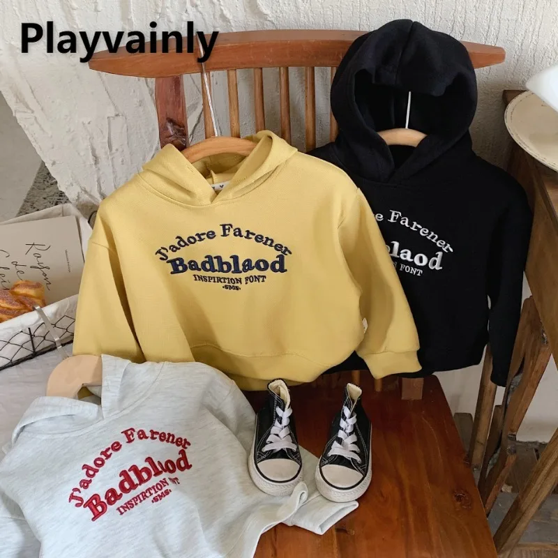

2025 New Spring Autumn Children Hooded Sweatshirts Grey Black Yellow Letter Print Pullover Hoody Baby Boy and Girl Clothes C0230