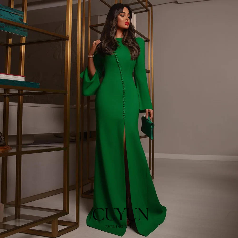 

CUYUN элегантное зеленое вечернее платье с пуговицами, индивидуальное женское вечернее платье с длинными рукавами и высоким разрезом для ужина, банкета