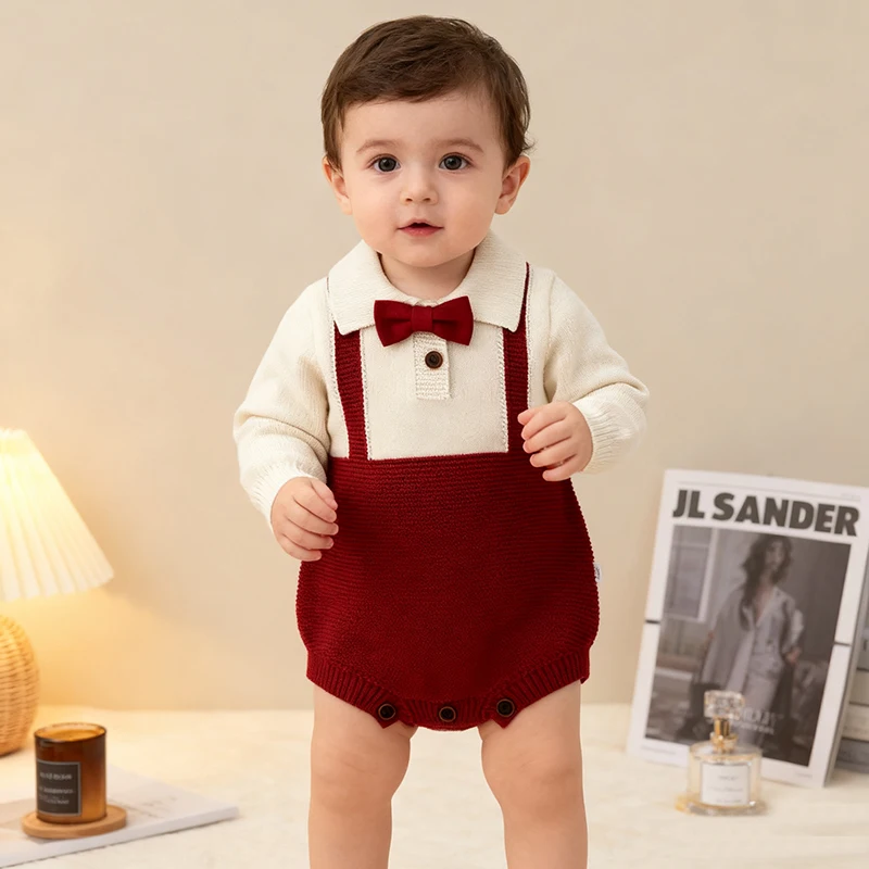 

Рождественские комбинезоны-чулки для маленьких мальчиков, неоновые осенние комбинезоны с лацканами для маленьких мальчиков, вязаные комбинезоны с бантом, осенний милый свитер