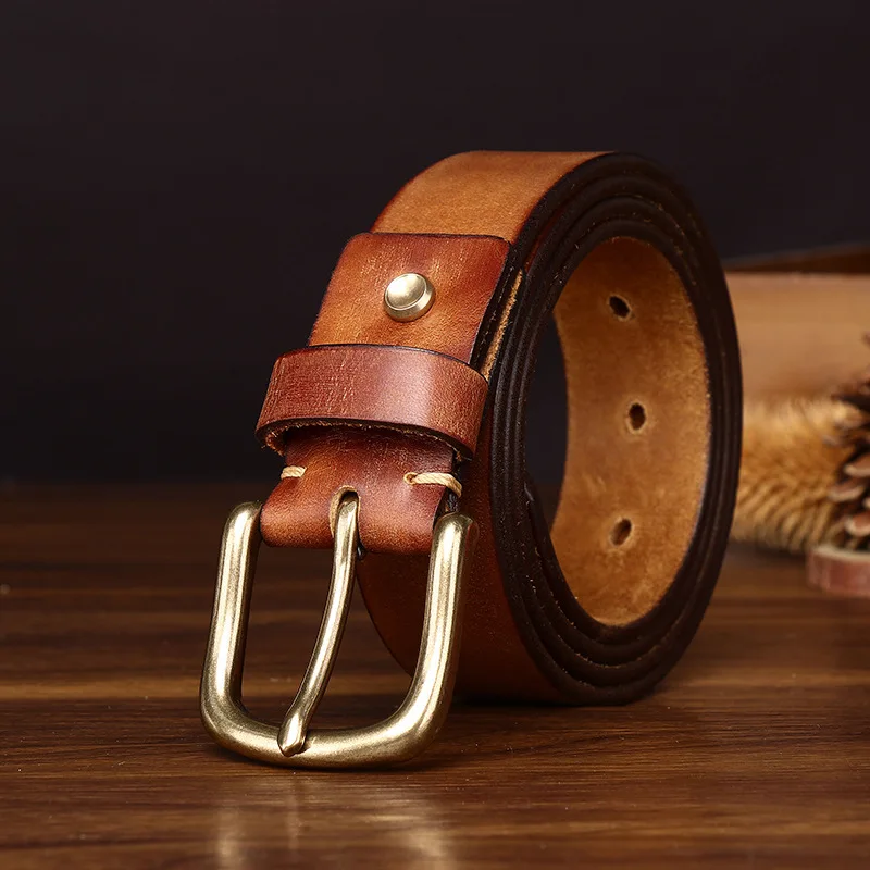 3.3cm Men's Genuine Leather Vintage Washed and Distressed Leather Belt Pin Buckle Top Grain Cowhide Casual Jeans Belt Unisex