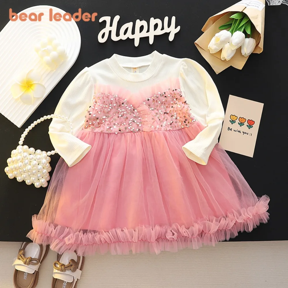 

Bear Leader Cute Baby Clothing Spring and Autumn Sequin Decoration Mesh Splicing Princess Dress Birthday Party Girls Dresses