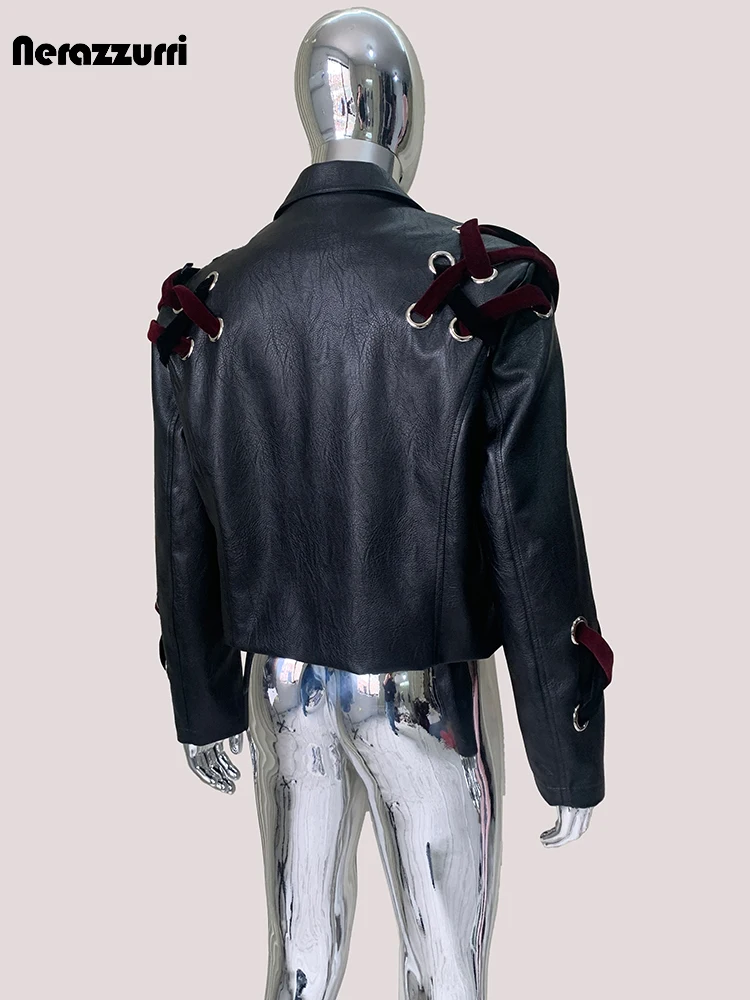 Mauroicardi Autumn Short Black Pu Leather Blazer Jacket Men Shoulder Pads Retro Luxury Designer Lace Up Vintage Emo Clothes 2025