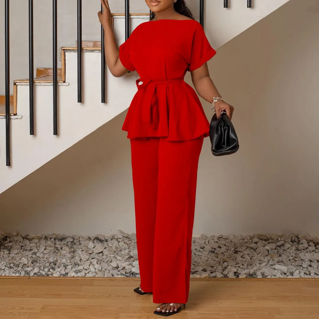 

Summer Women's Clothing Solid Color Tie High Waist Wide Leg Pants Elegant Casual Two Set Polyester Blend
