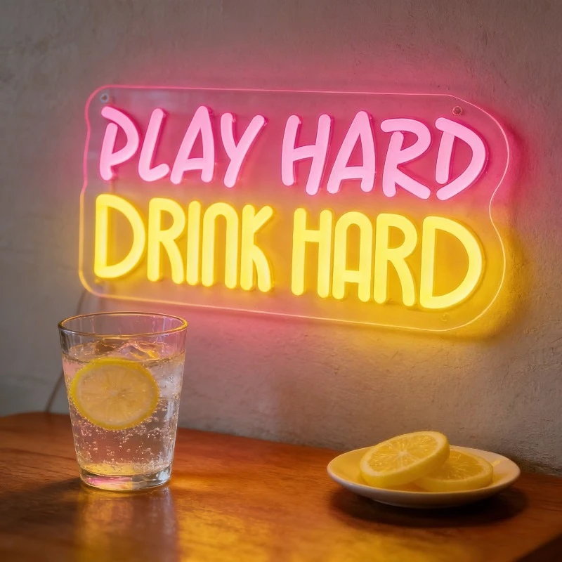 ビールバー装飾用「play-hard-drink-hard」ピンクイエローネオンライトサイン、usb電源調光式led、バーの壁、男の隠れ家、パーティー装飾用