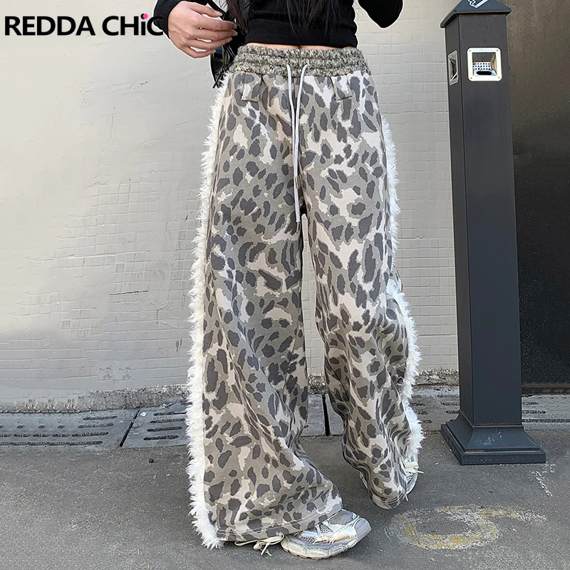 ReddaChic Retro Leopard Wide Leg Pants Women Baggy Trousers Elastic Waist Fuzzy Faux Fur Trim Sweatpants Grayu Y2k Streetwear