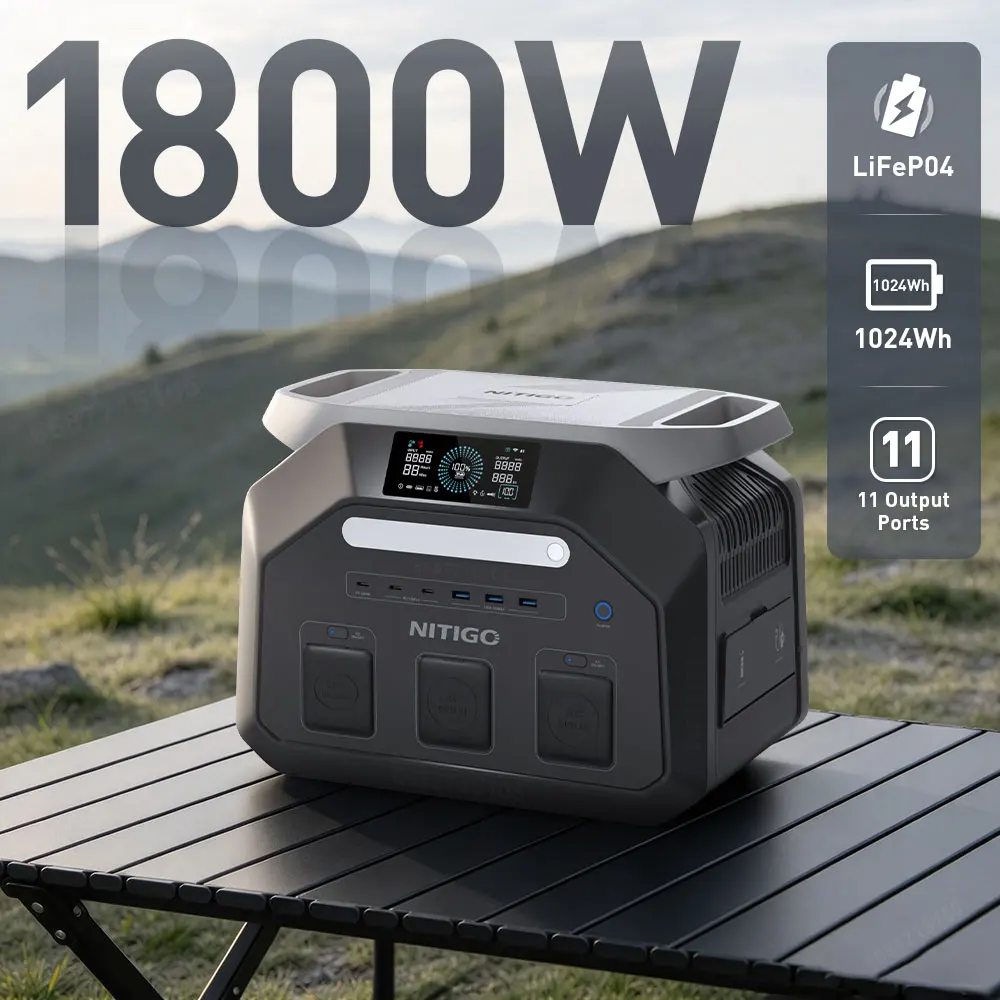 NITIGO 1800W – przenośna stacja zasilania do użytku na kempingu, generator energii słonecznej, 1024 Wh, przenośna stacja zasilania z akumulatorem LiFePO4 klasy EV, stacja do ładowania, ponad 4000