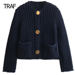 TRAF Knit Cardigan Women's Sweater Spring 2024 O-Neck Long Sleeves Tops New In Outerwears Korean Style Knitwears Elegant Coats