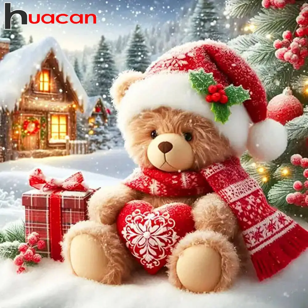 Huacan Diamantgemälde Weihnachtsbär Diamantmosaik Cartoon Komplettset Strassbilder