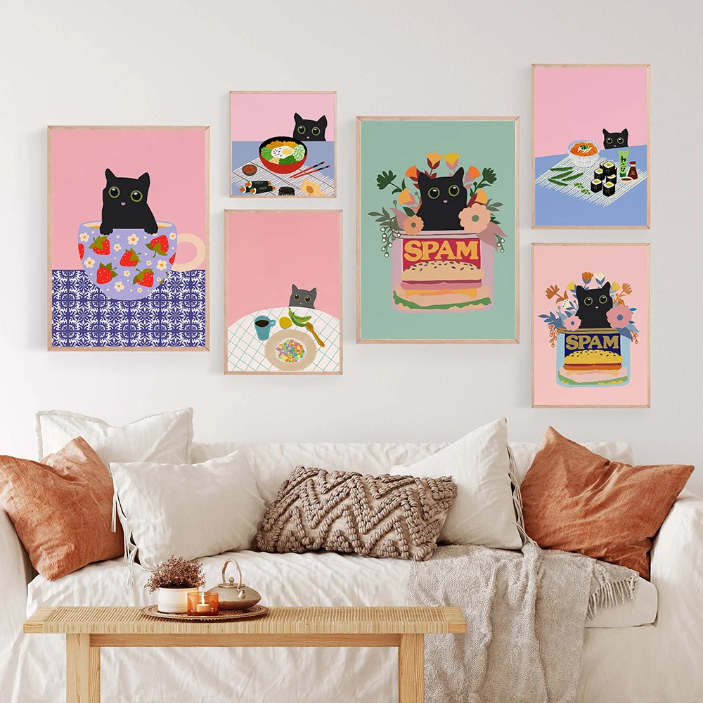 Korean Food Street Kimchee Poster Print Modern Black Cat Picnic Kitchen Wall Art Canvas Painting Decor Home Easter Kidroom