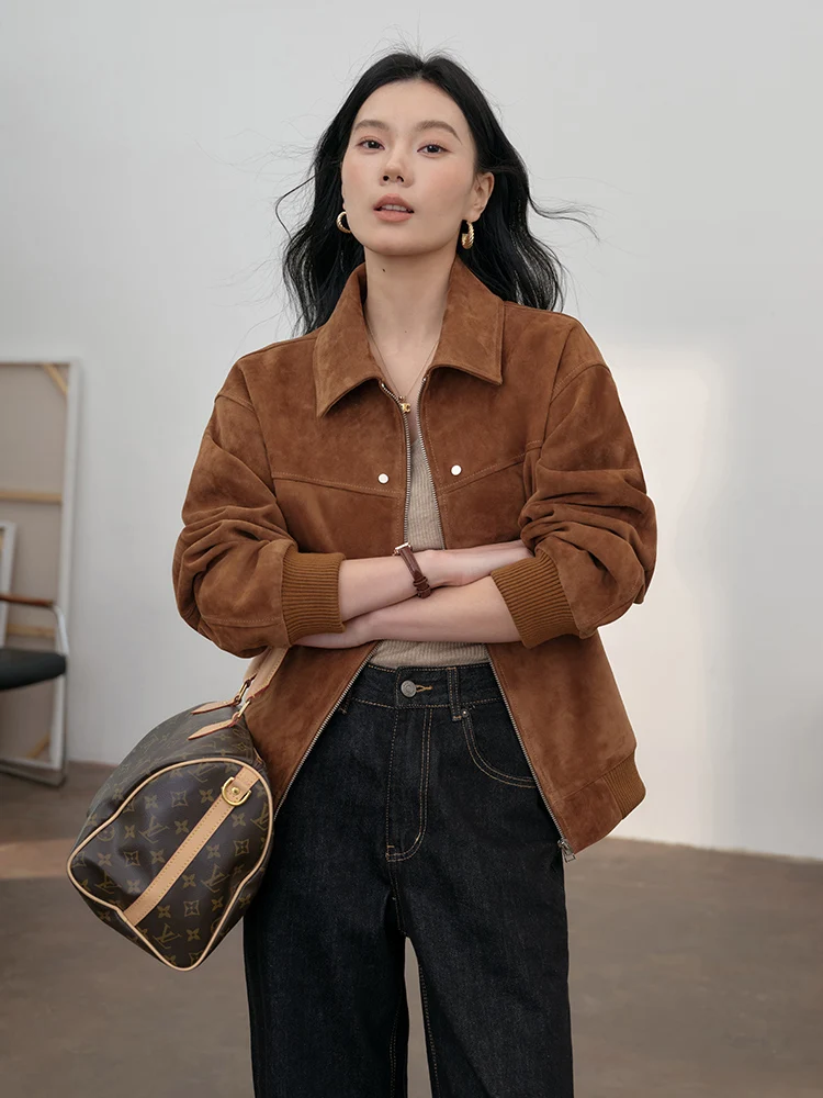 Vintage Genuine Leather Bomber Jackets for Women Spring Autumn 2025 New High-end Solid Classic Simple Real Sheepskin Suede Coat