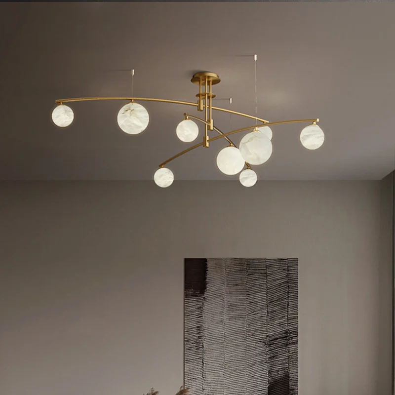 

Style Spanish Marble Chandelier with Globe Shades Brass Black Finish Round Linear Dimmable Ceilings Lustre for Hotel Villa
