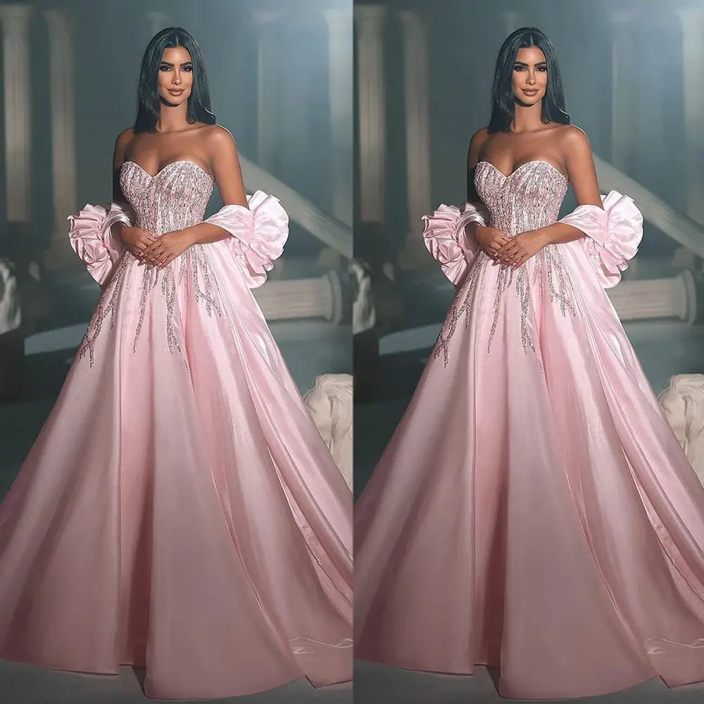 2024 Pink Sweetheart Strapless Wedding Dresses Mexico Princess A Line Satin Glittery Sequins Evening Gowns With Wrist Corsages