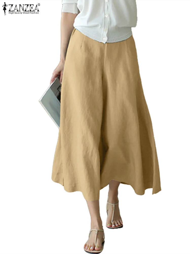 ZANZEA レディース カジュアル ワイドレッグパンツ 2025 秋 ルーズ 伸縮性 ハイウエスト クリンクル加工 無地 ズボン パラッツォパンツ