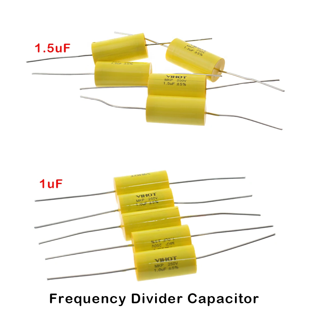 

5pcs 1uF/1.5uF Frequency Divider Capacitor 250V Axial Audio Speaker Step-Less Film MKP Capacitor 2pin