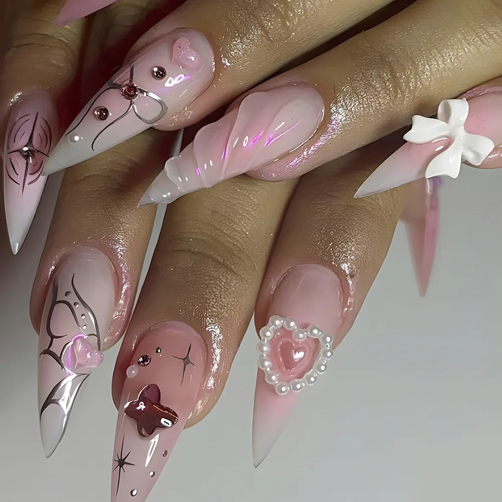 

24PCS Pink Stiletto Press On Nails Bow Heart Pearl Rhinestone Chrome Line Art Y2K Coquette Style Reusable False Nails For Women