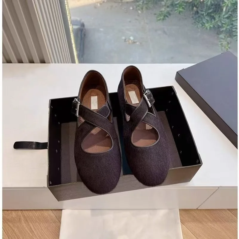 Designer Brand Original Velvet Shallow Mouth Mary Jane Single Shoes Women's Belt Buckle Round Head Flat Ballet Dance Shoes