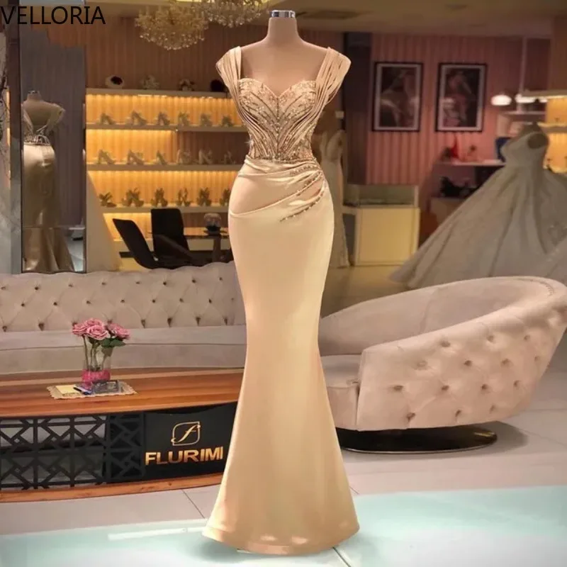 Champagne Satin Woman Evening Dress Aged Beaded Party Gown Luxurious Rhinestone Floor Ball Gown Vestdos De Fiesta Customized