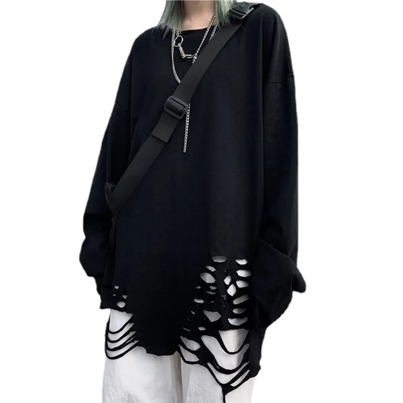 

2024 Autumn Gothic Clothes Punk T-shirt Causal Loose Ripped Solid Oversized Tshirt Couples Harajuku Long Sleeve Streetwear