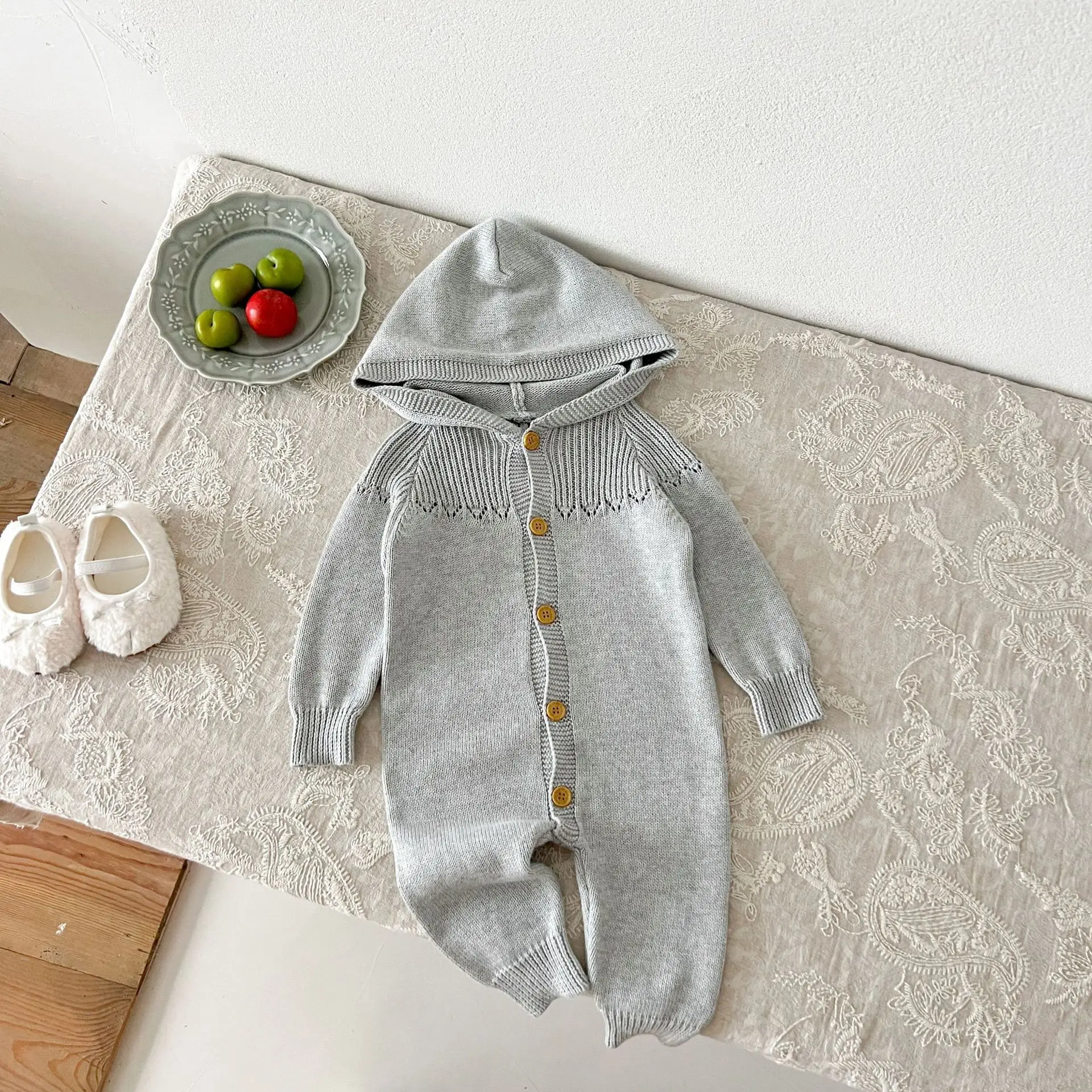 Autumn Baby Boys Jumpsuit Cotton Knitted Hooded Solid Single Breasted Infant Boys Bodysuit Warm Simple Toddler Boys Rompers