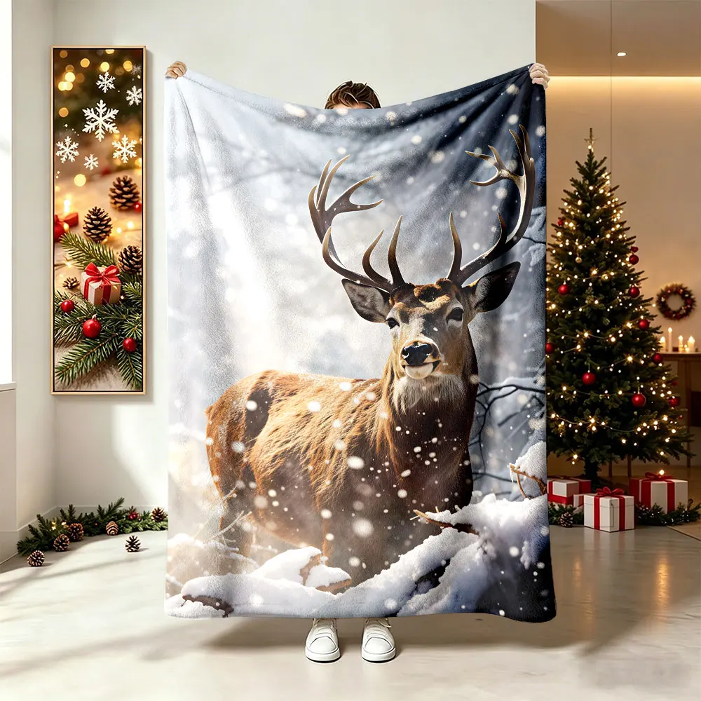 1pc Snowy Forest Reindeer Animal Print Flannel Blanket Soft Warm Throw Blanket For Sofa Couch Nap Home Decor Holiday Christma