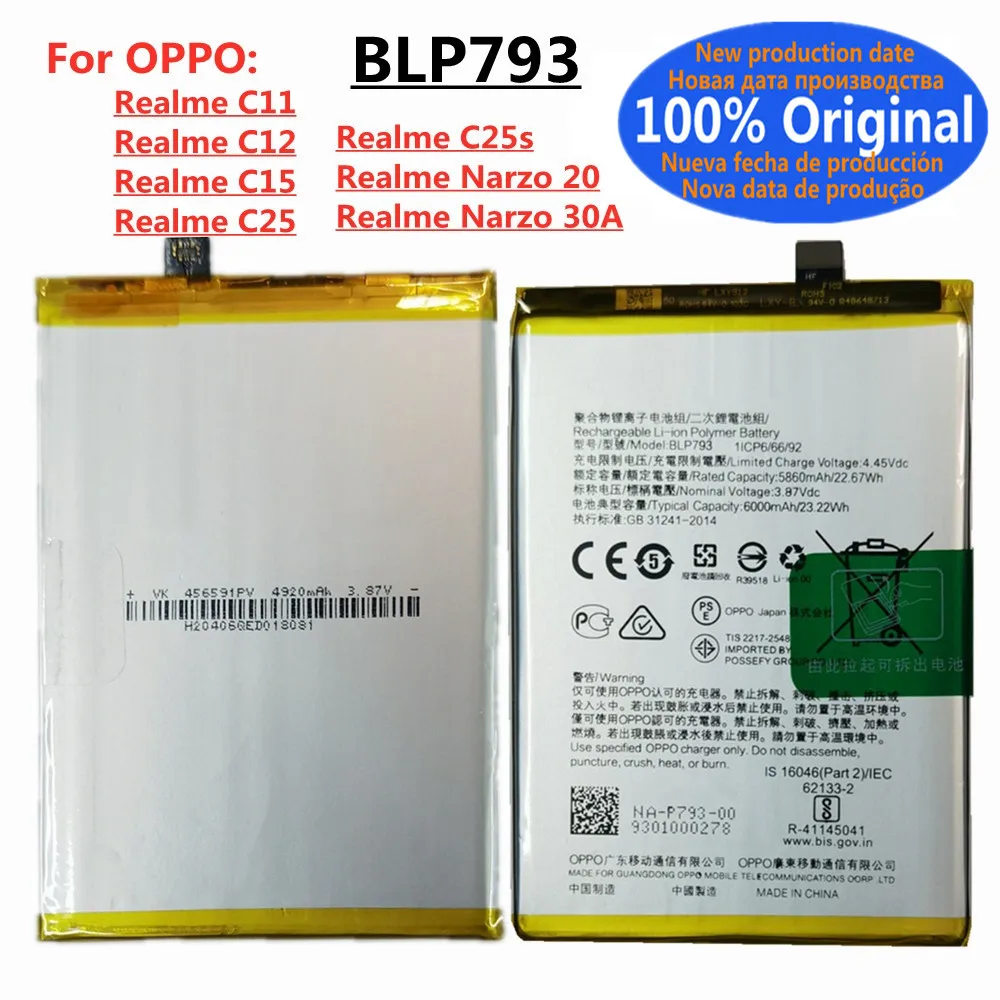 

BLP793 100% Original Replacement Battery For Oppo Realme C25s C11 C12 C15 C25 Narzo 20 /Narzo 30A Mobile Phone 6000mAh Batteries