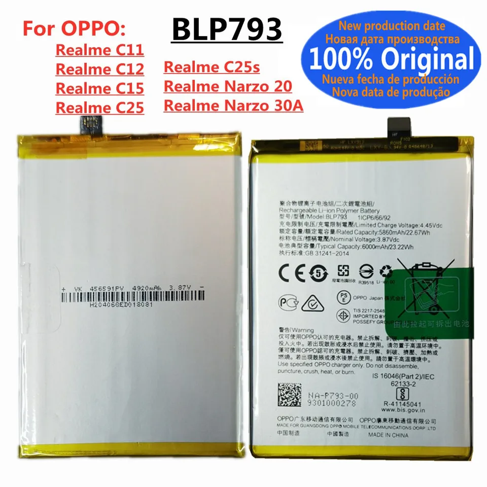 Batería BLP793 original para Oppo Realme C25s, C11, C12, C15, C25, Narzo 20, Narzo 30A, 6000mAh