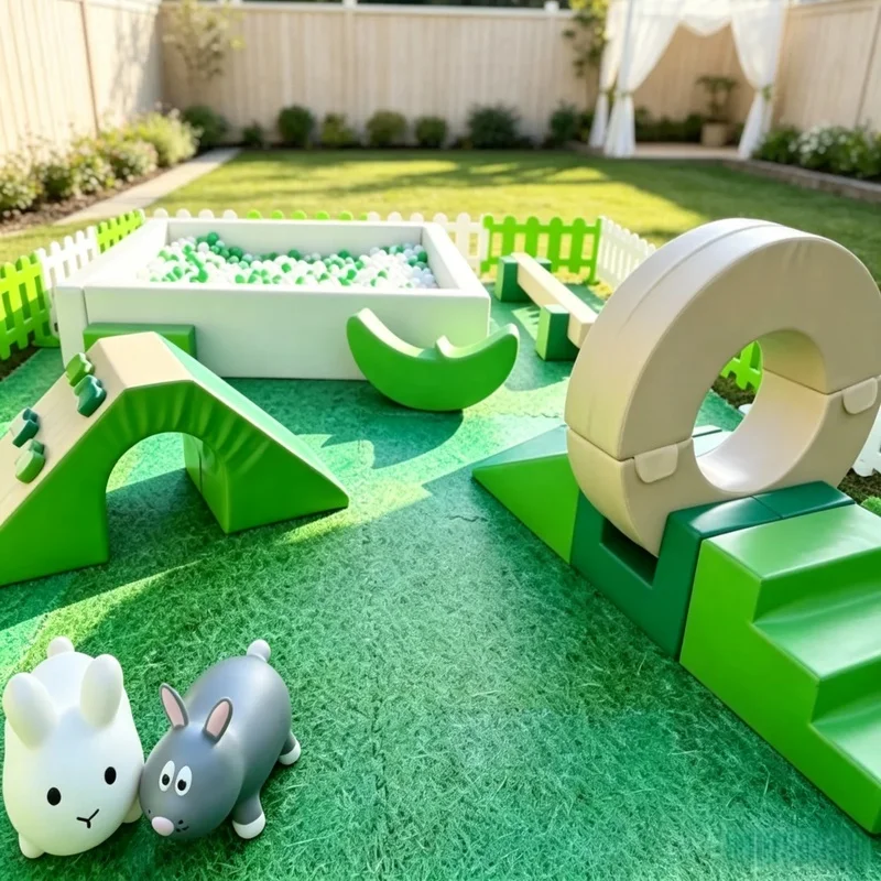 Green Beige Toddler Soft Play Set Ball Pit Climbing Tunnel Balance Beam, Kids Soft Play Equipment for Party Hire & Event Rental