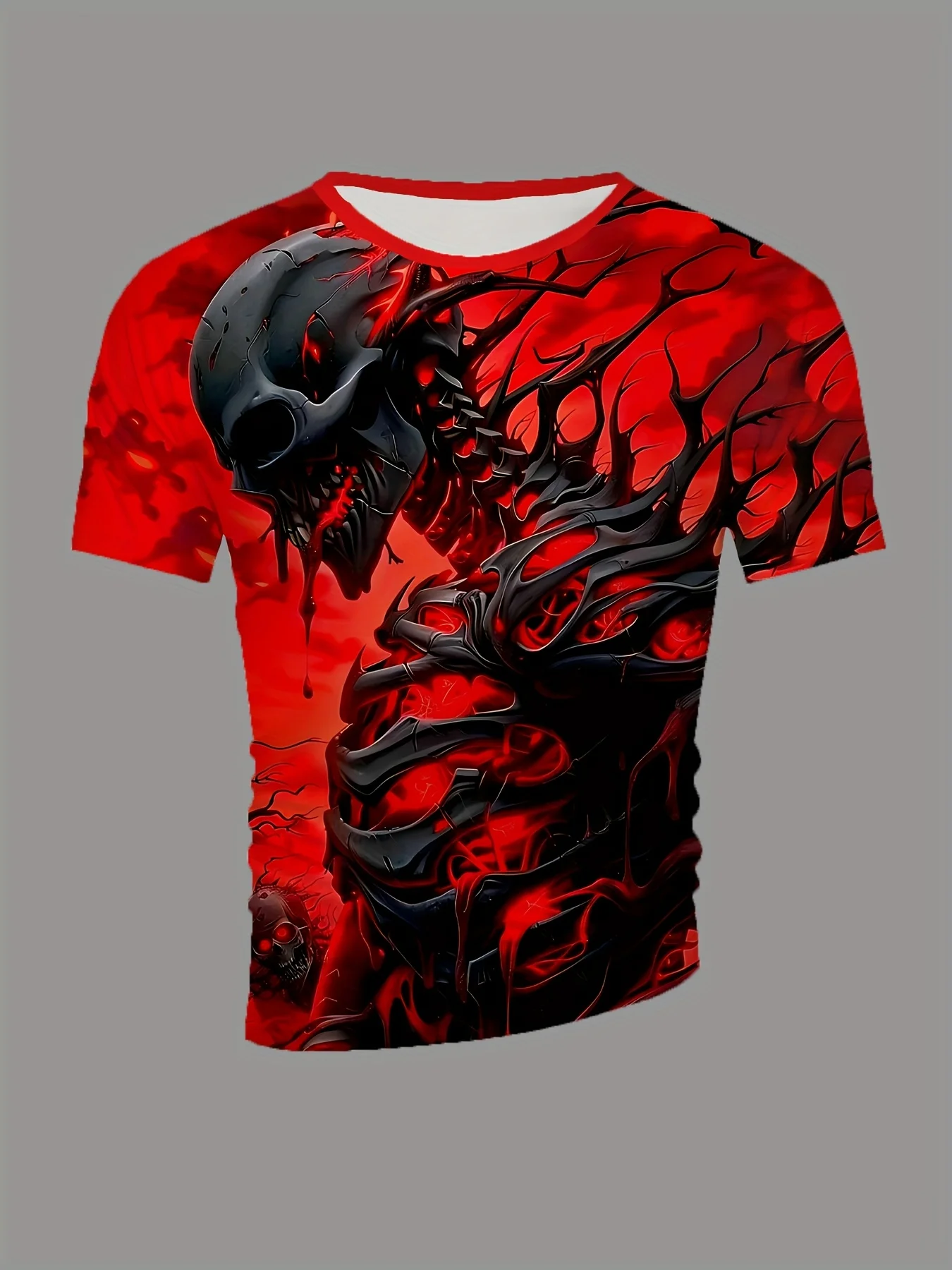 Men Short Sleeve T‑Shirt Dark Skeleton Demon Red Background Gothic Horror Crew Neck Tops