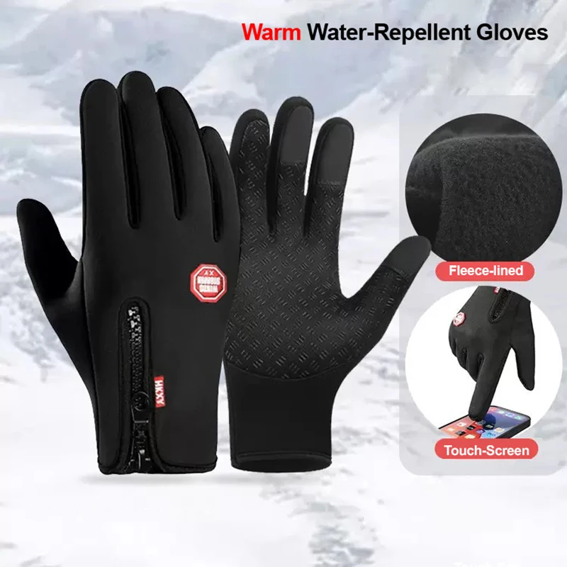 Winter Men Women Gloves Cycling Touchscreen Warm Fleece‑lined Zipper Hiking Windproof Water‑repellent Outdoor Anti‑slip Gloves