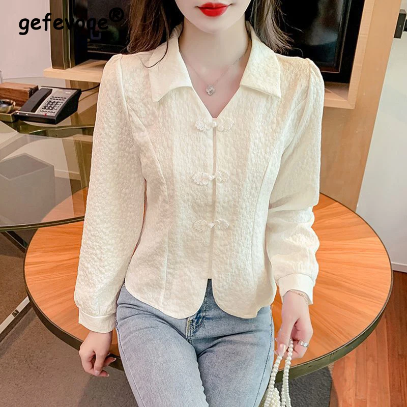 Women Clothing Spring Autumn Trendy Vintage Chic Sweet Button Shirts Elegant Solid V Neck Blouses Female Casual Long Sleeve Tops