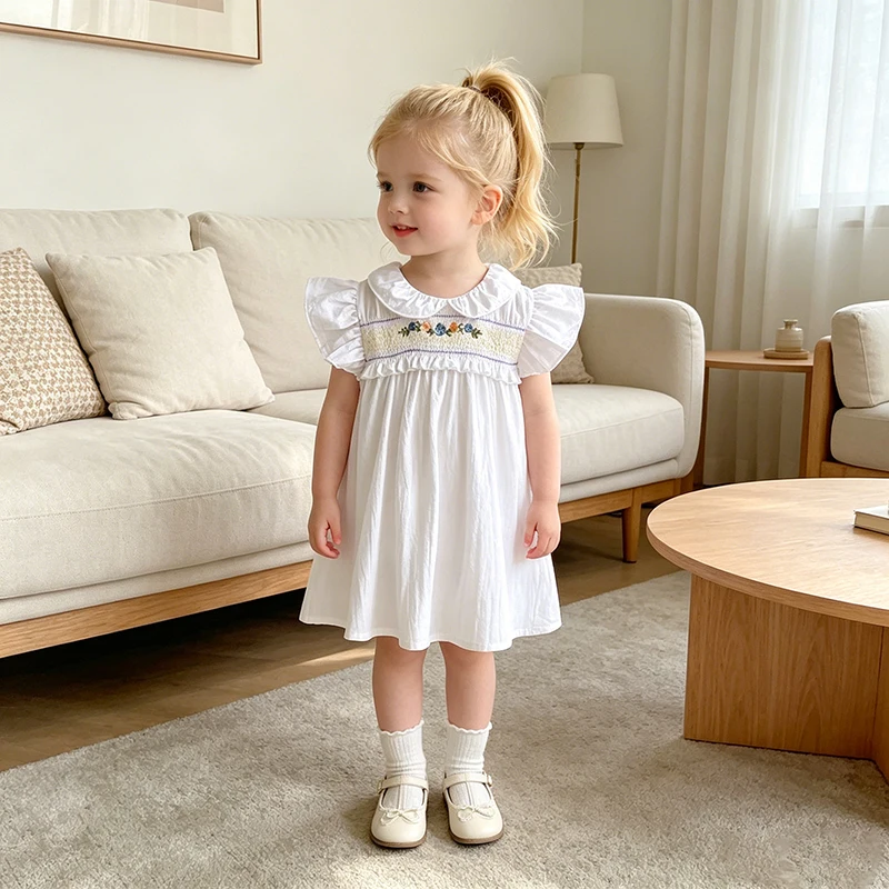 2026 Sommer Neu 2-6 Jahre Flügelärmel Baby Mädchen Weißes Kleid Prinzessin Geburtstagskleid Besticktes Kleid im Western-Stil