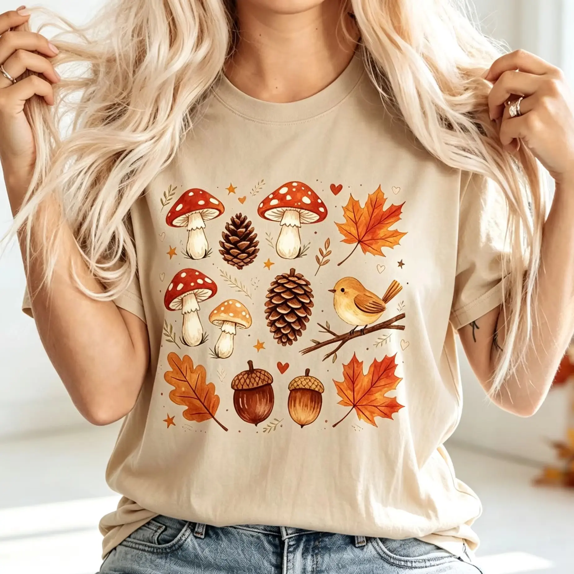 Autumn Forest Mushroom Bird Graphic T-Shirt Watercolor Fall Leaves Pinecone Acorn Nature Short Sleeve Tee