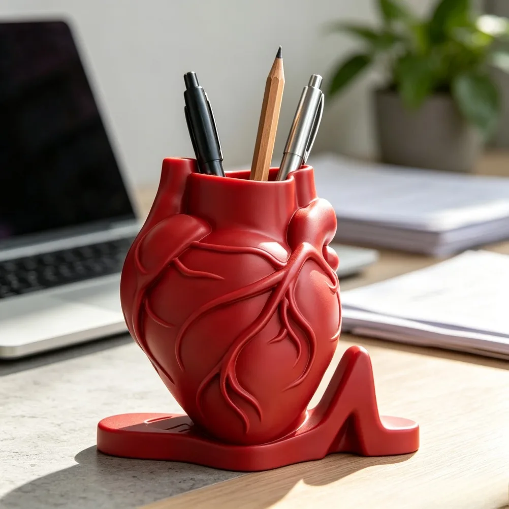 Anatomical Heart Pen Holder Halloween Gothic Desk Organizer Heart‑Shaped Pencil Pot Unique Tabletop Decor Spooky Holiday Gift