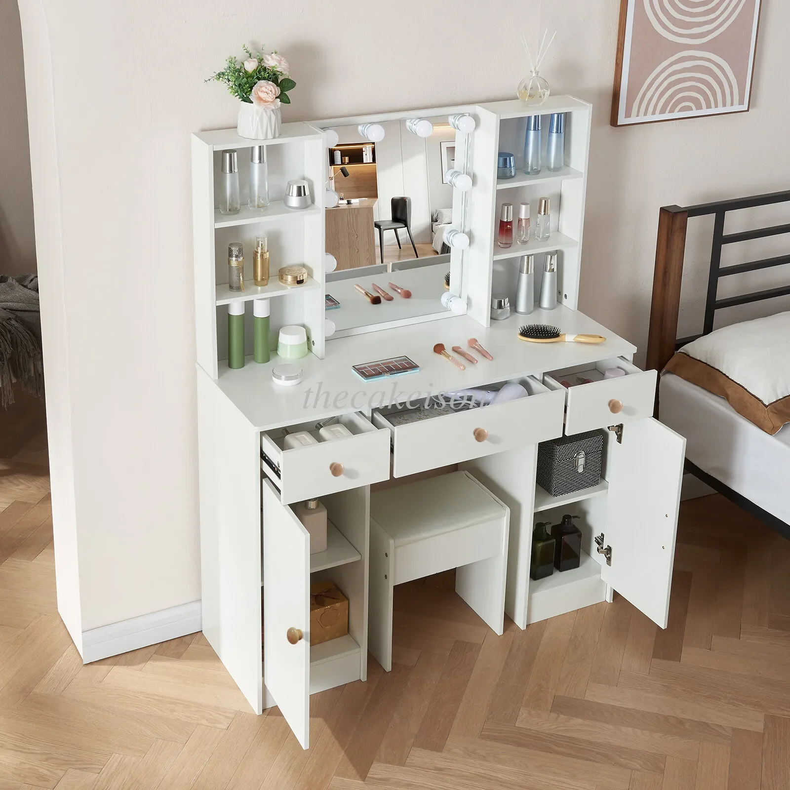 Modern Dressing Table, 10 LED Bulbs Vanity Mirror, 3 Color Dimmable HD Makeup Mirror for Bedroom