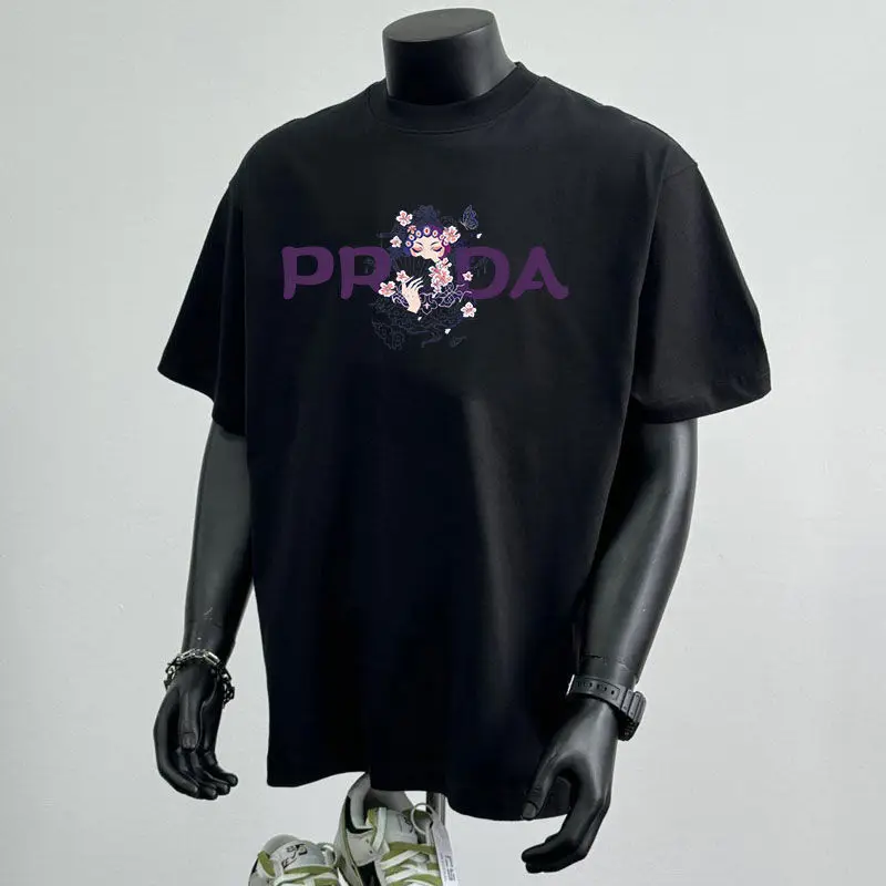 

2025 Summer New Cotton Short-sleeved Men's and Women's Trend High-end Sense Retro Cartoon Printed T-shirt Loose Top and Clothing