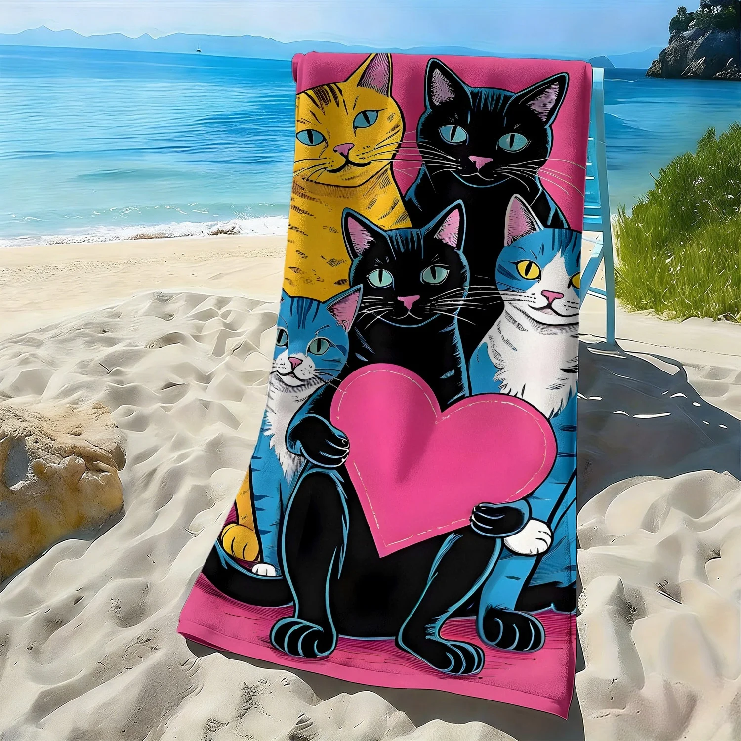 Pop style colorful cat-themed items polyester microfiber beach towel is highly absorbent suitable for swimming and beach outings